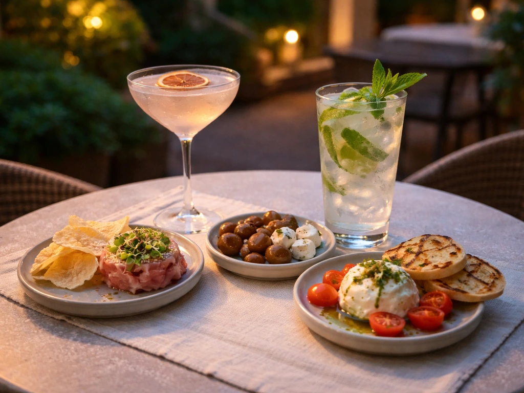 Cocktails and small plates on a patio table, showing portion size and warm dining atmosphere.
