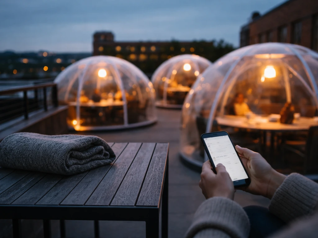 Rooftop patio igloo pods at dusk with a couple checking an iPhone for reservation timing