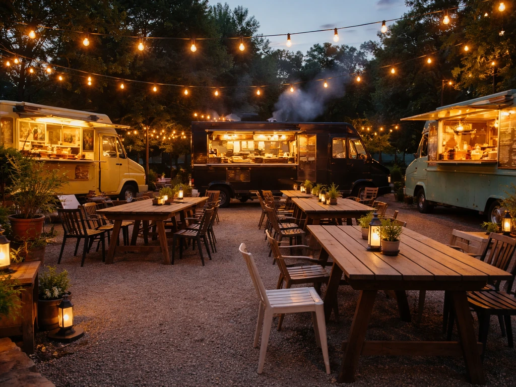 Patio exterior de un food truck con mesas, luces cálidas y ambiente gastronómico nocturno, sin personas.