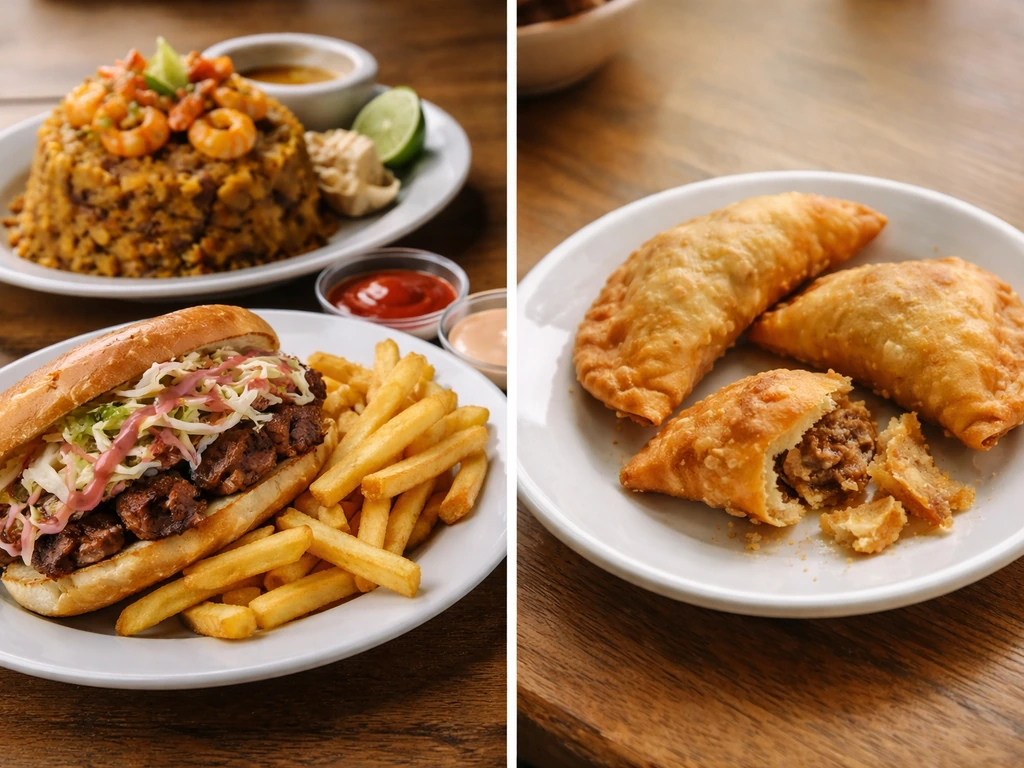 Close-up food collage: chimi and mofongo on the good side, slightly flawed empanadas on the complaint side.