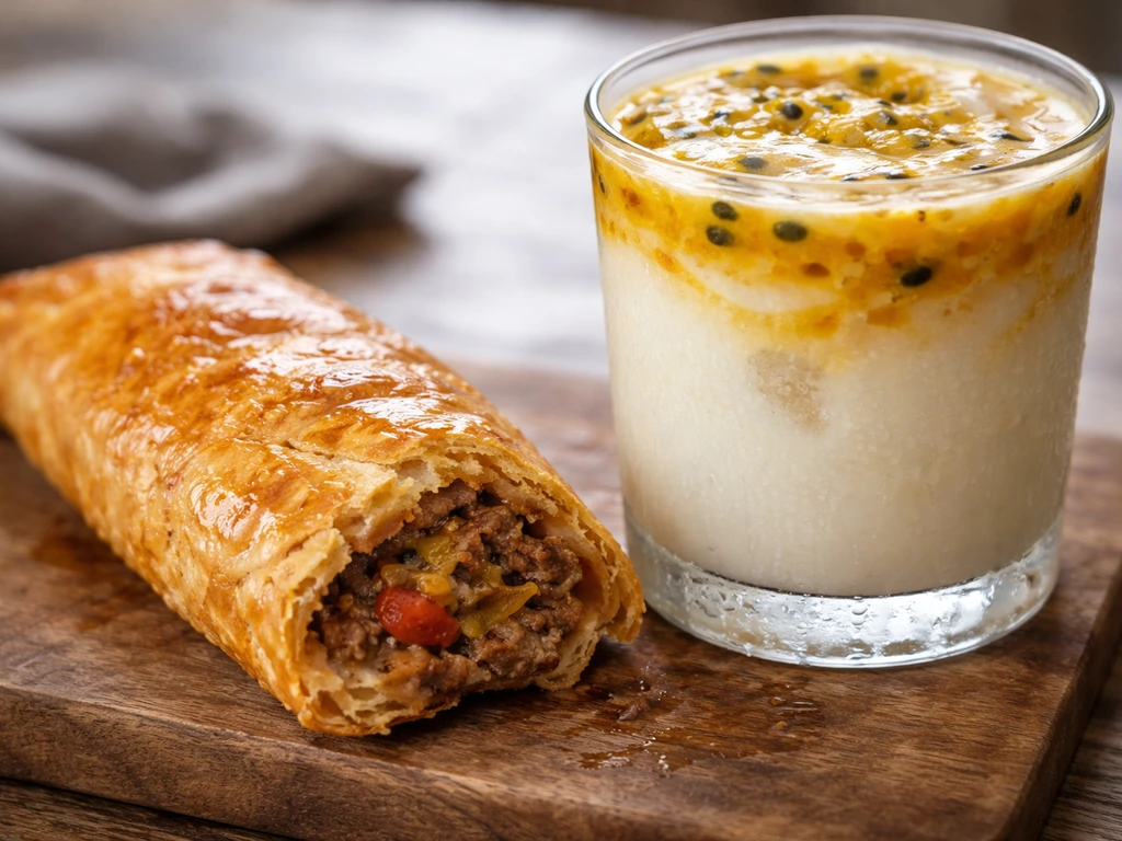 Close-up of beef chimi and a passion fruit milk drink with creamy textures on a simple table.