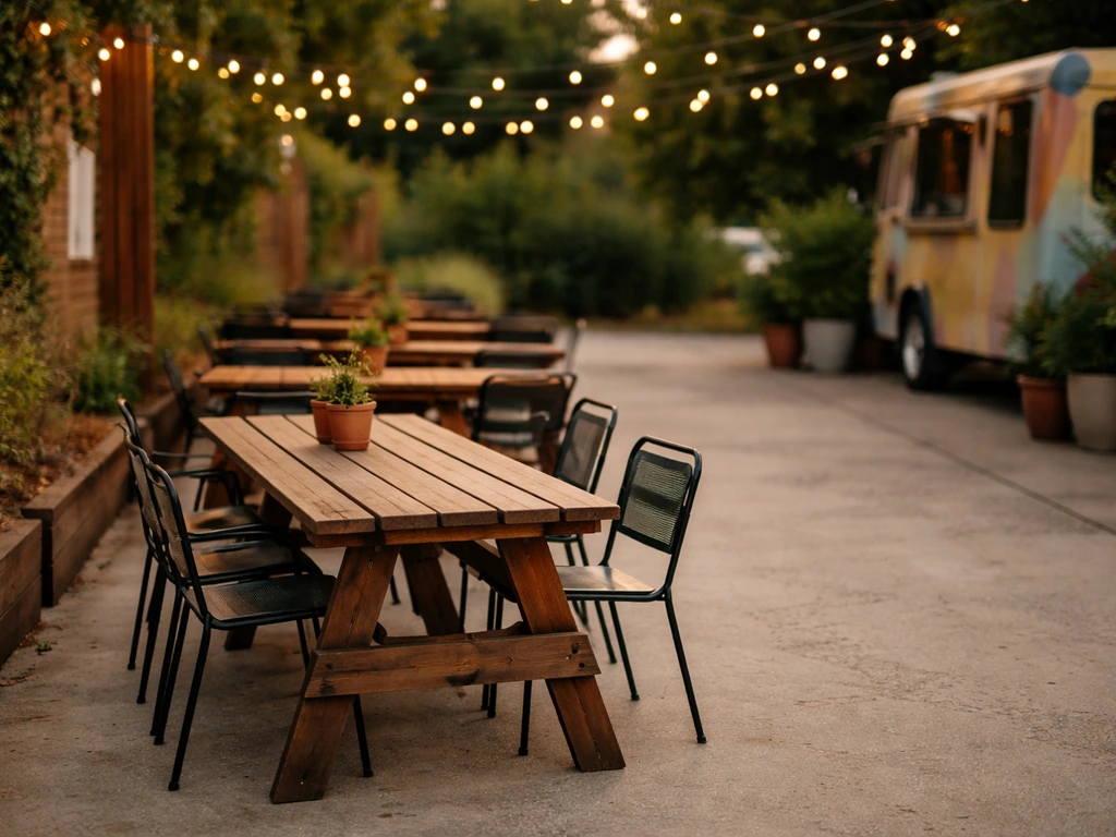 Relajado patio de food truck con mesas, asientos y decoración exterior en ambiente cálido