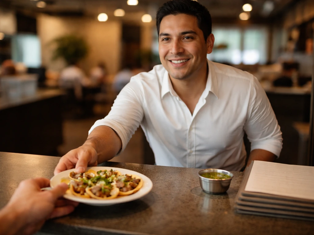 Waiter at a simple restaurant counter gently serving a plate beside small sauce ramekins.