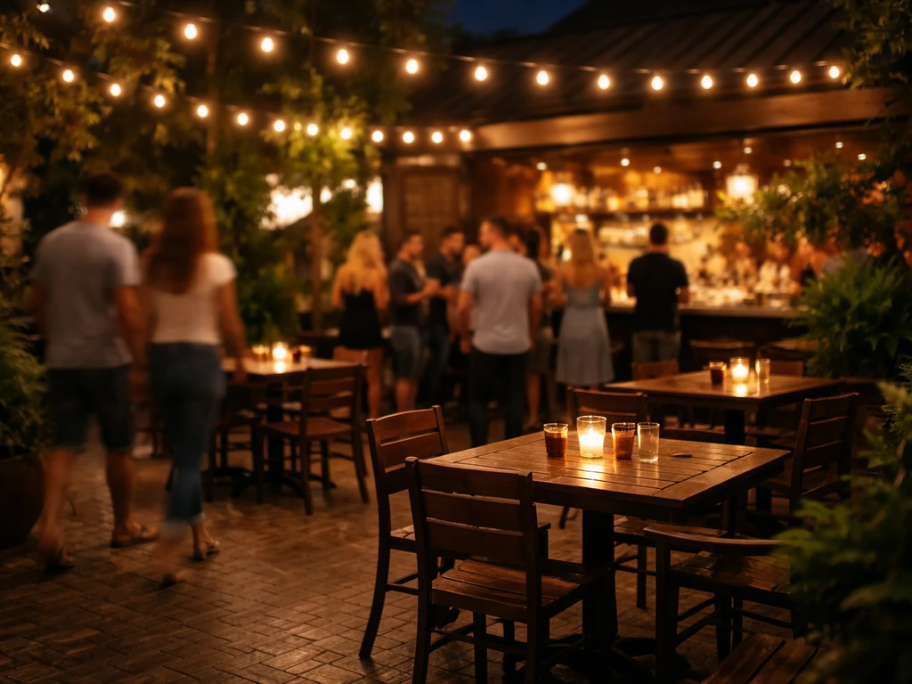 Warmly lit open-air patio bar at night with people chatting and soft string lights