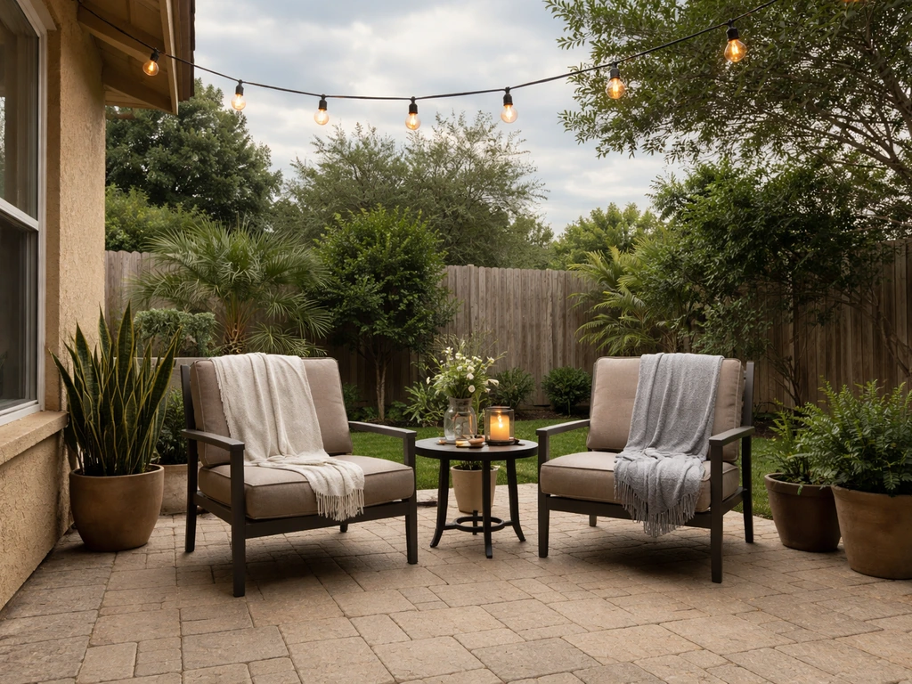 Quiet outdoor patio with cushioned chairs and blankets in soft, cooler-season light.