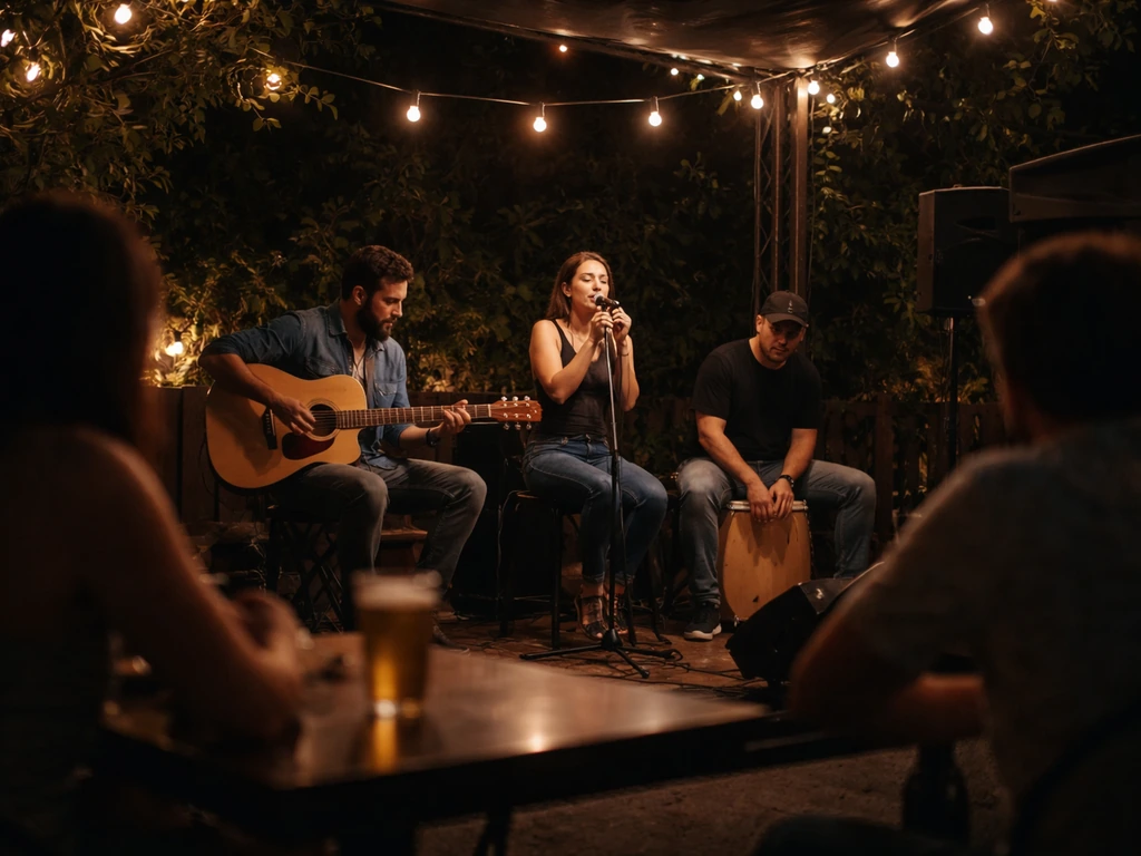 Live band performing on an outdoor patio stage at night with warm lighting and a microphone stand.
