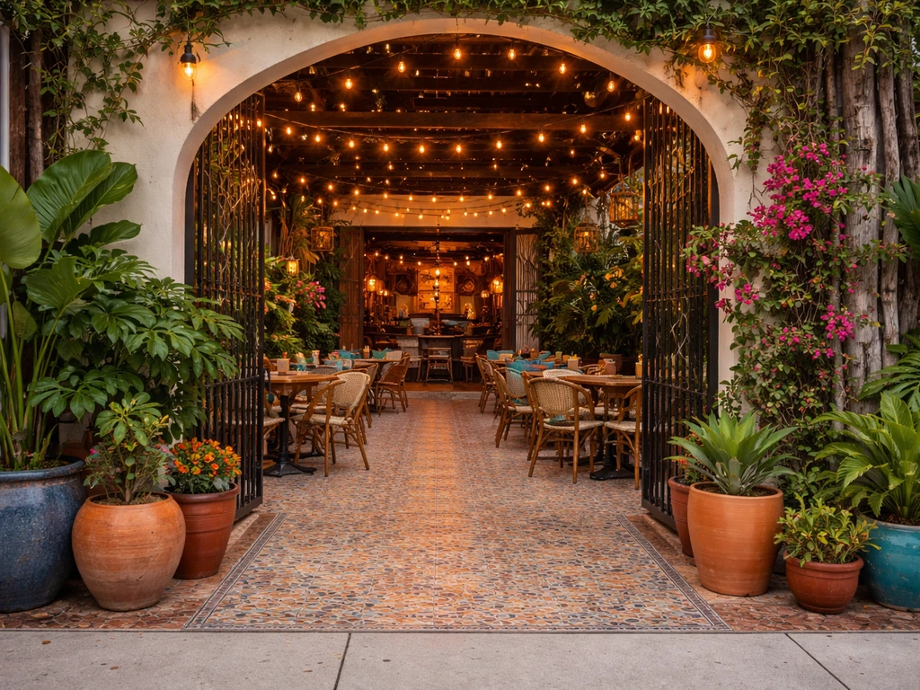 Warm Miami entrance view into a colorful patio with string lights and potted plants, no people.