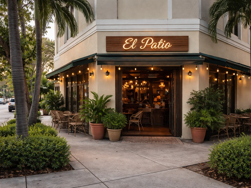 Street-level view of El Patio storefront near 2093 Coral Way in Miami, with open entrance and patio visible.