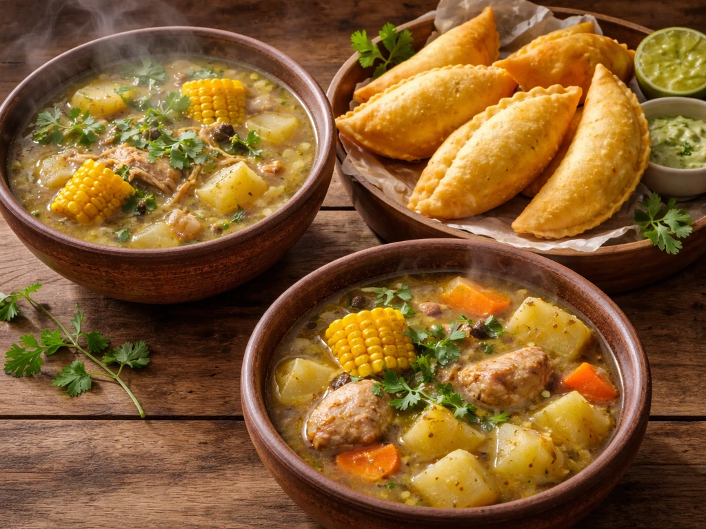 Close-up of Colombian ajíaco, empanadas, and sancocho on a wooden table with steam and generous portions.