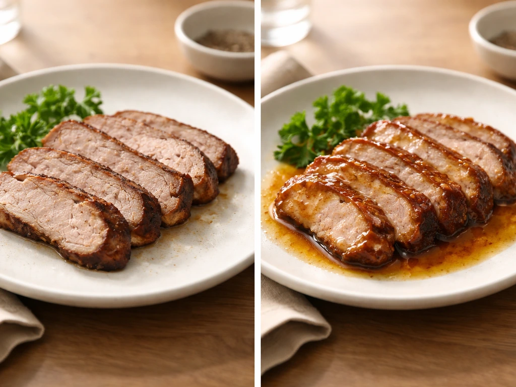 Two plated portions side-by-side: dry overcooked meat on the left, juicy sauced Colombian-style meat on the right.