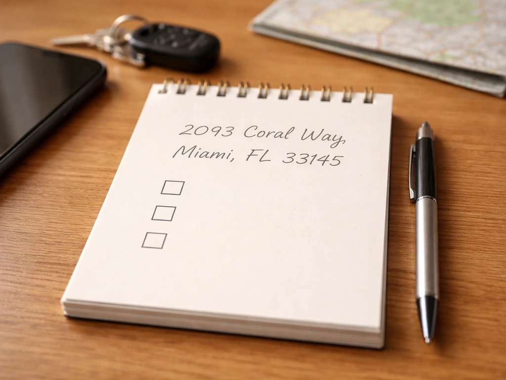 Phone and notepad on a desk with a handwritten address 2093 Coral Way, Miami, FL 33145 and checkboxes.