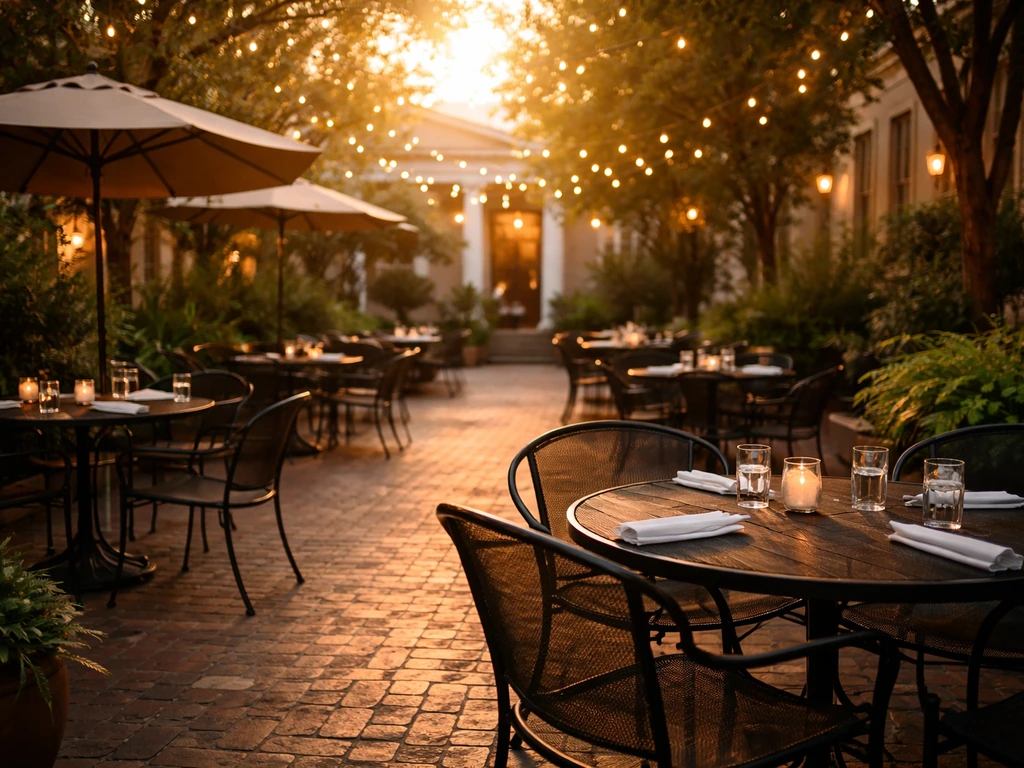 Golden-hour view of a quiet Southern courtyard patio with set tables and warm string lights.