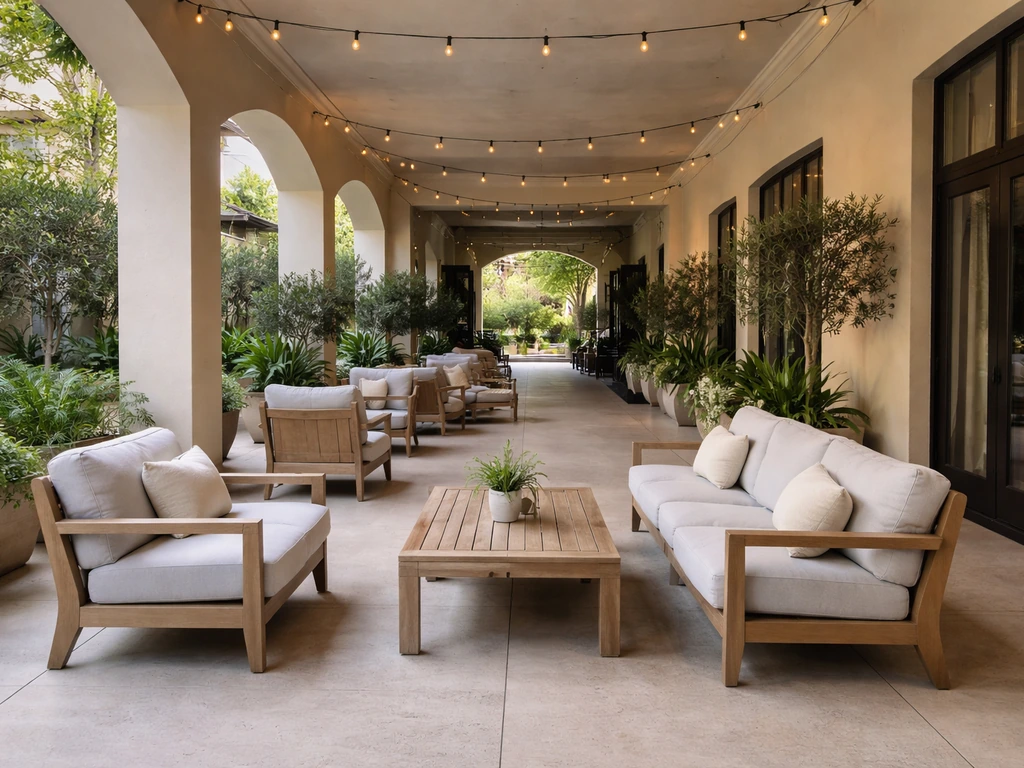 Covered courtyard patio with spaced outdoor seating and soft lighting