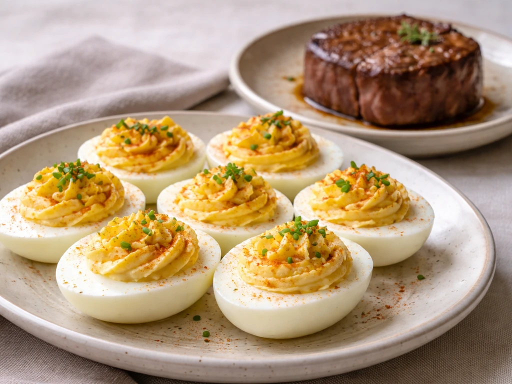 Deviled eggs on a white plate beside a small portion of filet, garnished simply