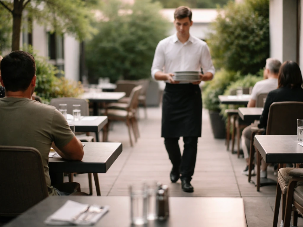 Empty restaurant patio with a server carrying plates and guests waiting at nearby tables