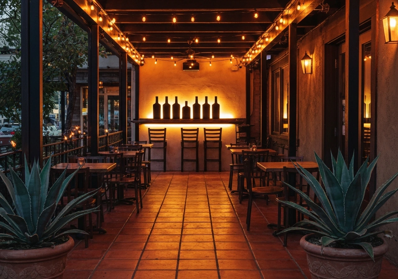 Warm Mexican restaurant patio exterior in Elgin with agave plants and a silhouetted bar counter glow.