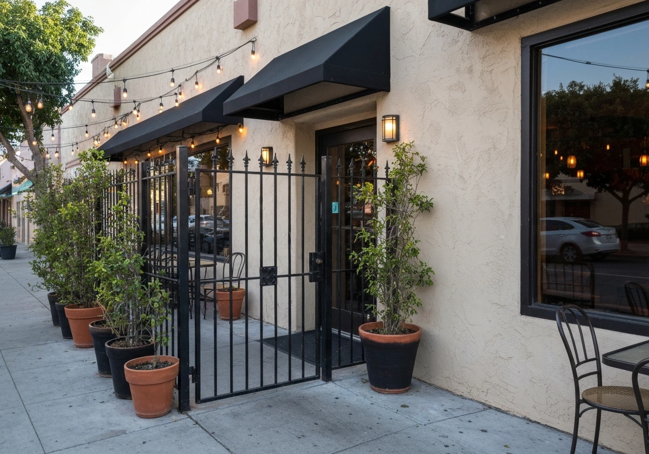 Quiet Mexican restaurant storefront with an outdoor patio entrance and awning, helping identify the right location.