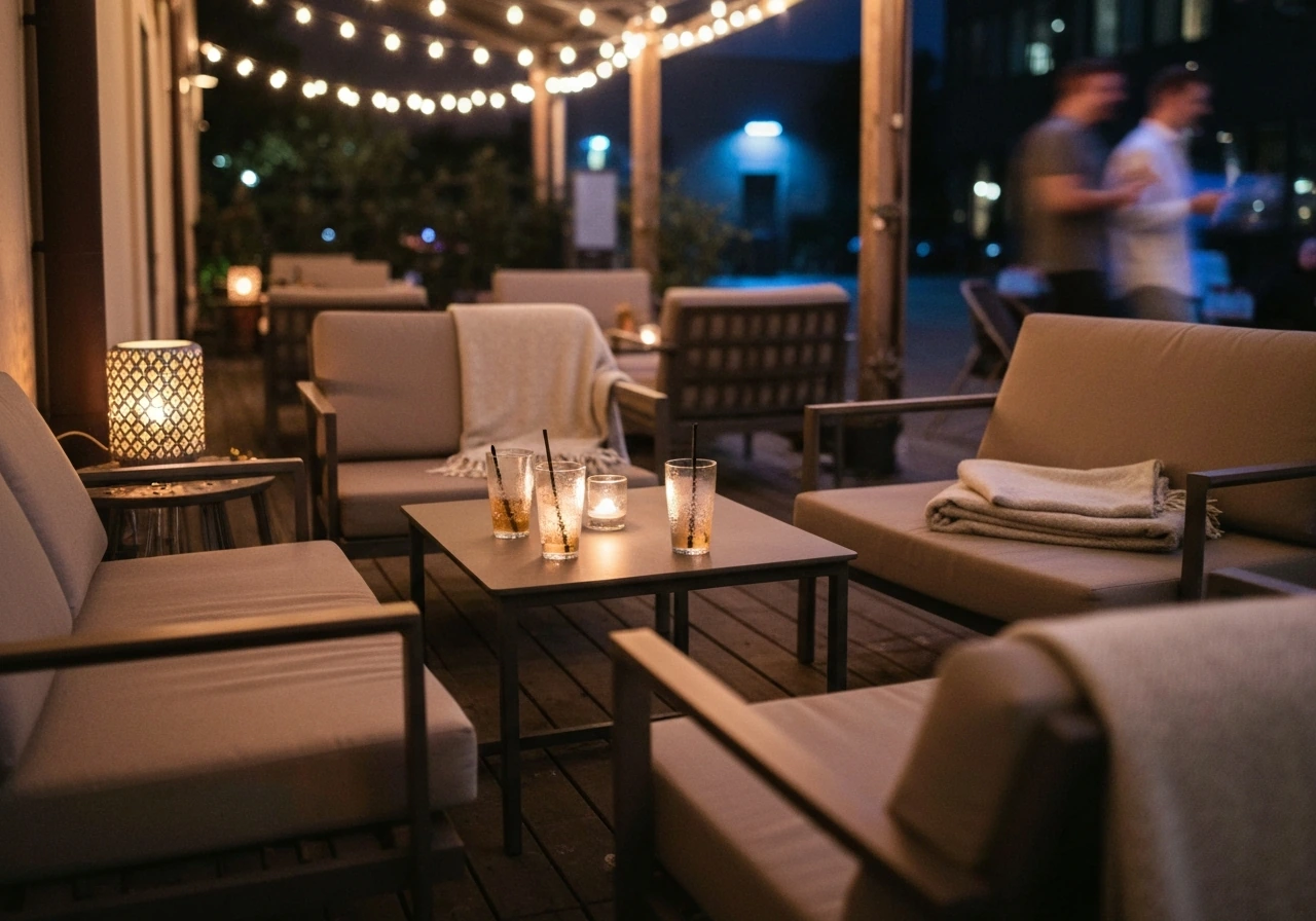Cozy patio at night with spaced lounge seating, warm lights, and lively ambiance cues.