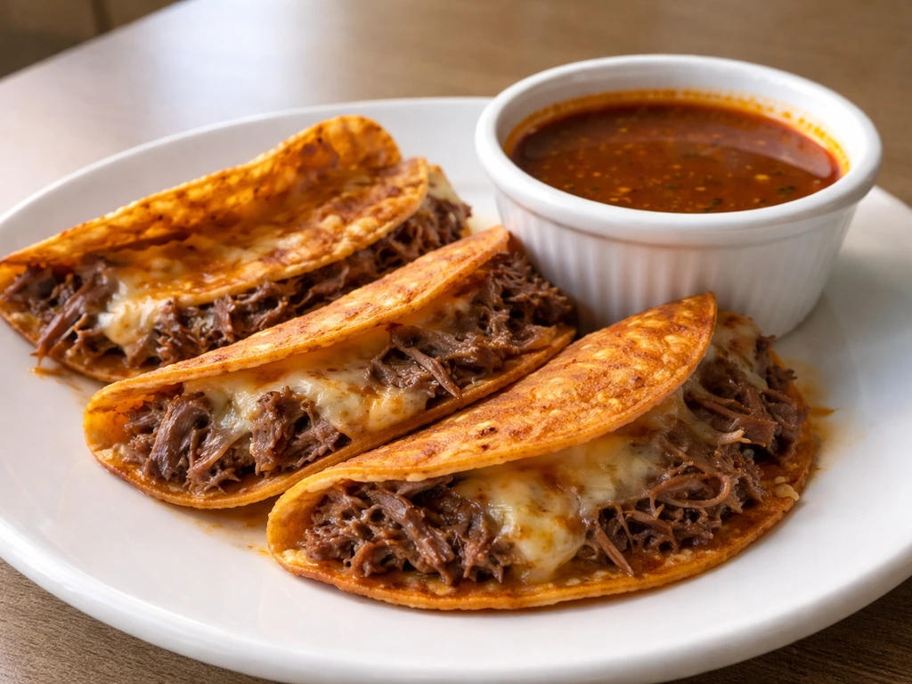 Three quesabirria tacos with melted cheese and consomé in a small bowl on a simple table