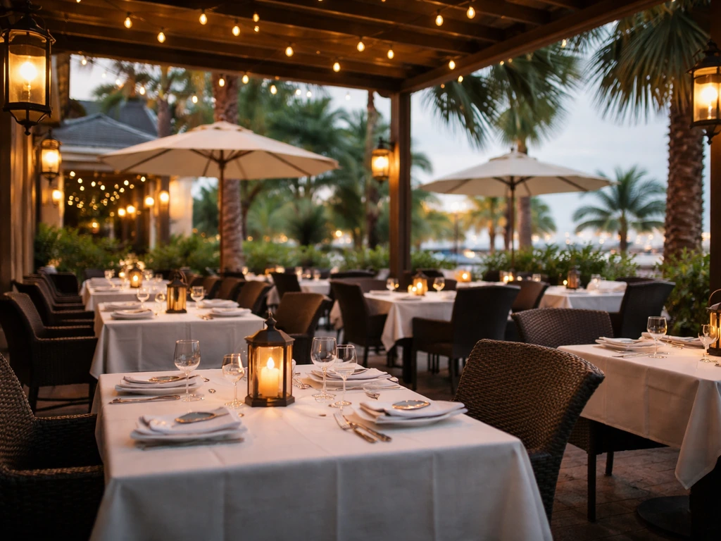 Warm evening view of a coastal restaurant patio with neatly set dining tables and string lights.