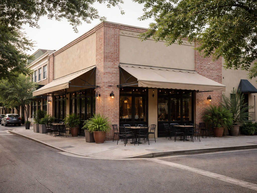 Quiet Biloxi street with a restaurant exterior and patio seating visible at 124 Main Street.