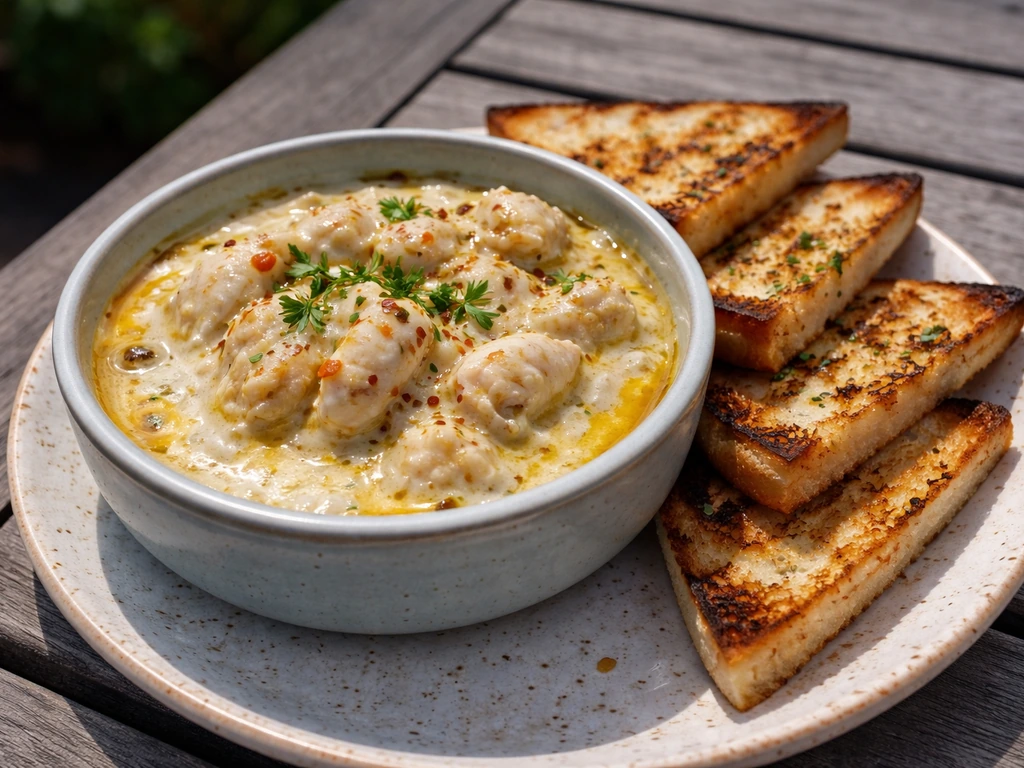 Close-up of blue crab fondue with crab pieces and dipping bread on a patio table.