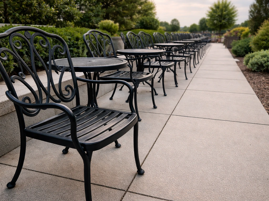 Wrought-iron patio chairs arranged on a Biloxi-style outdoor patio, highlighting spacing and comfort details.