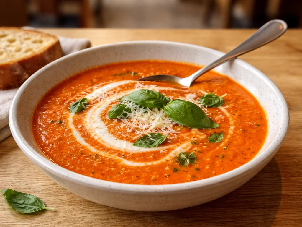 Close-up of a bowl of tomato basil soup with melted cheese and fresh basil on a cozy table