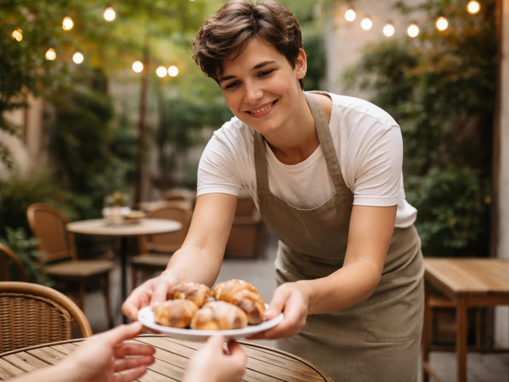 Outdoor café host warmly offering pastries at a quiet patio table, showing attentive hospitality.
