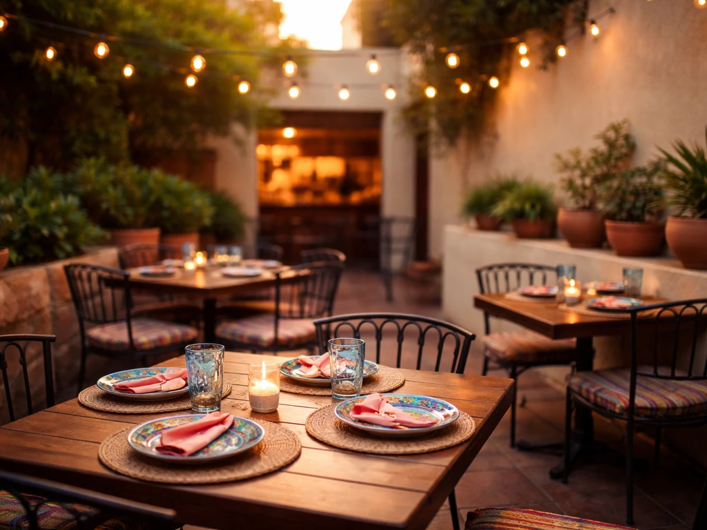 Warm Mexican restaurant patio with set tables, string lights, and planters in golden-hour light.