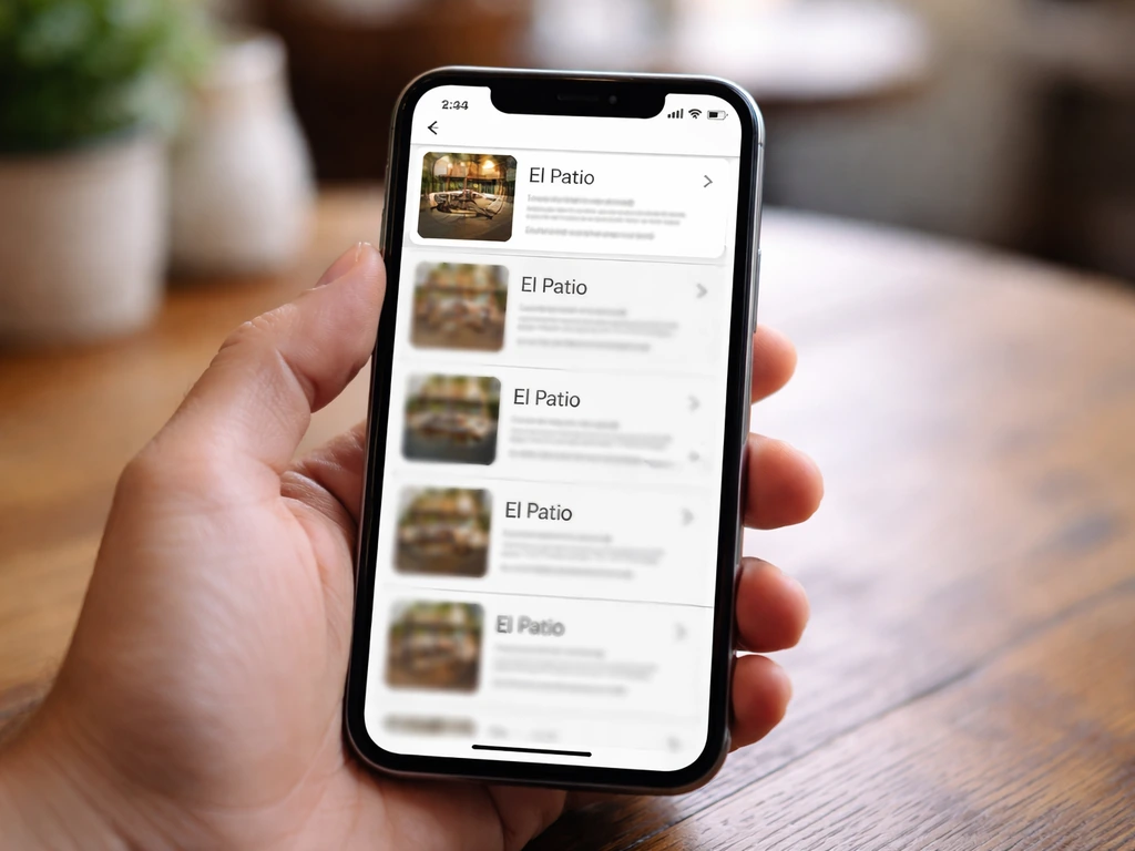Smartphone over a table showing blurred search results with multiple similar “El Patio” listings.