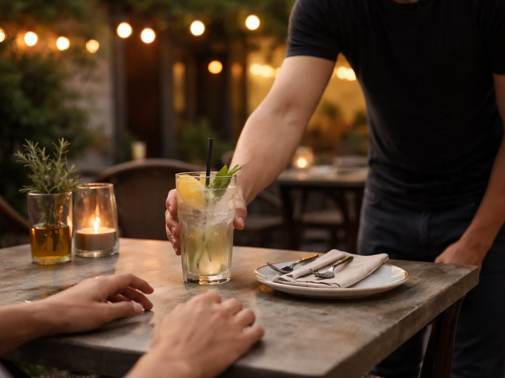 Server carefully placing a drink on a quiet patio table for a customer, warm lights softly blurred behind.