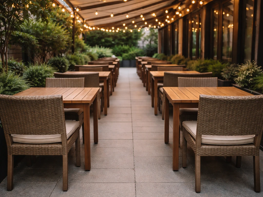 Clean outdoor restaurant patio with neatly spaced tables, visible shade, and warm string lights at dusk.