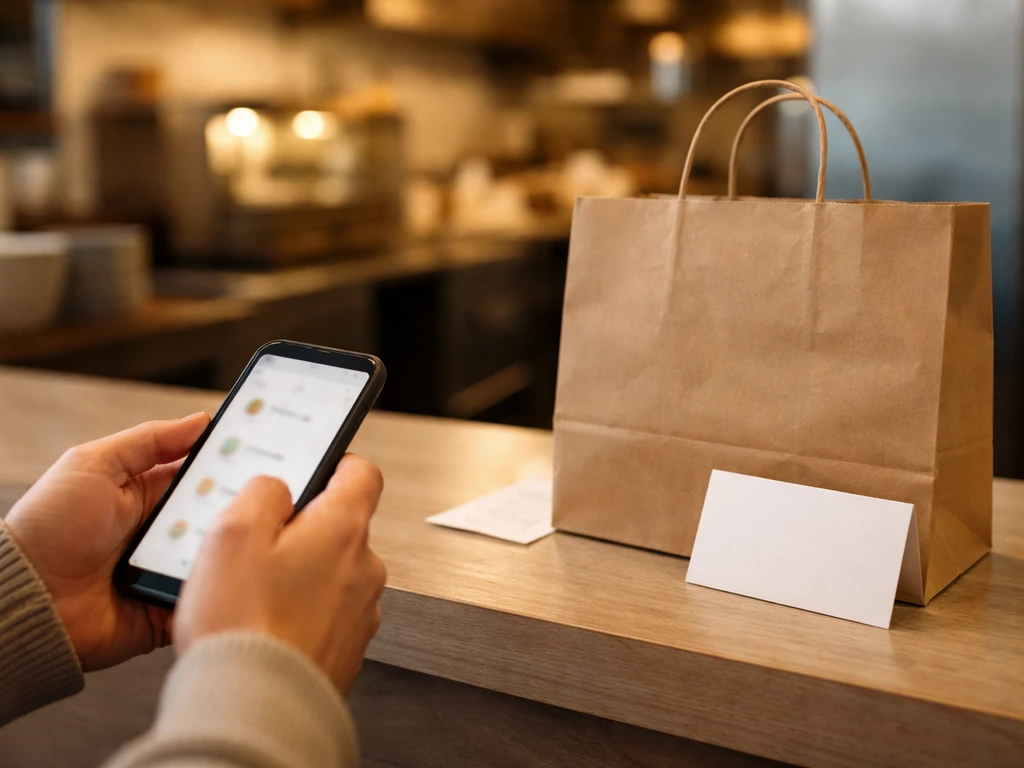 Person holding a smartphone with an online order screen while a to-go bag sits near a pickup counter label.