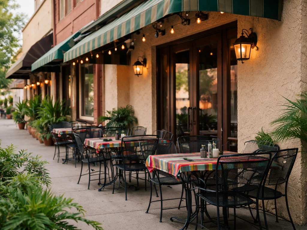 Exterior view of an outdoor patio dining area on High Springs Main Street, empty tables and chairs.