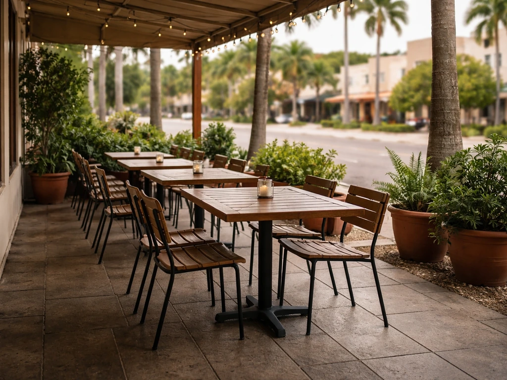Outdoor patio seating at a Florida restaurant with tables and chairs, with the street beyond