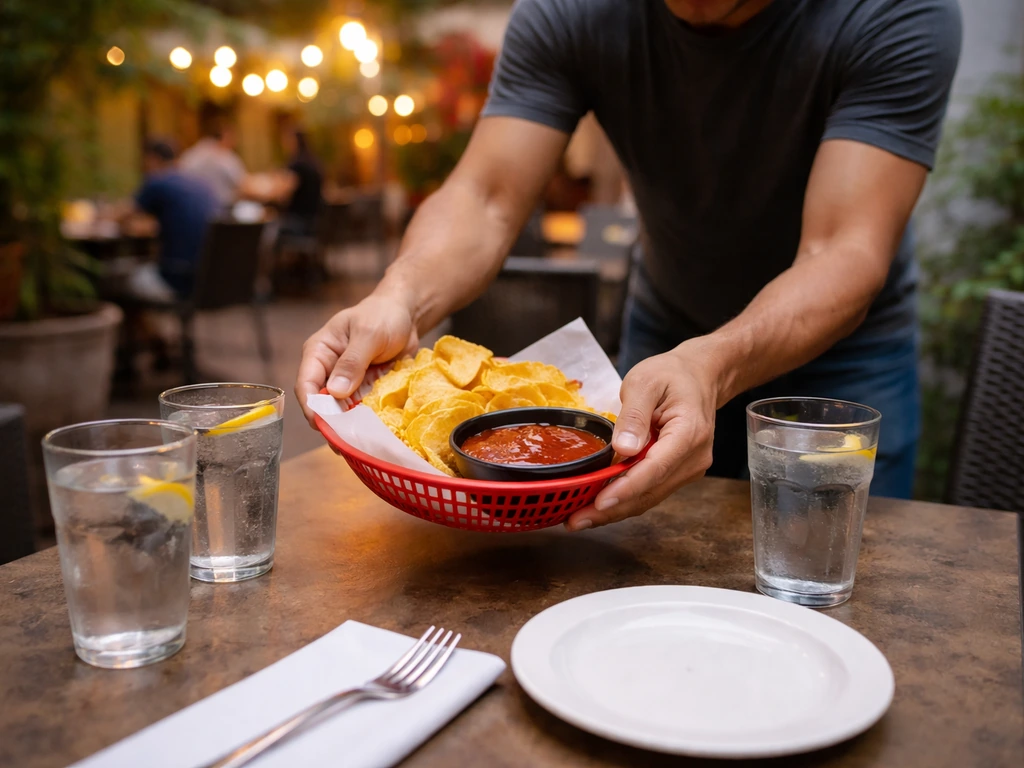 Server bringing chips and salsa to a small outdoor patio table while diners wait.