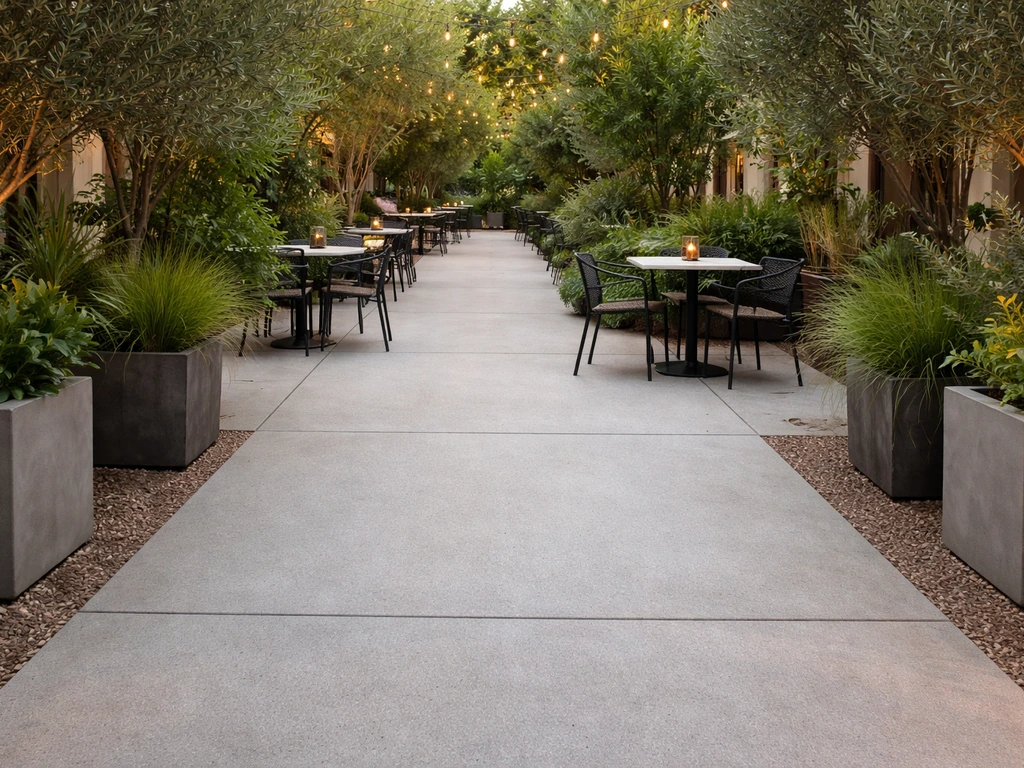 Clean accessible patio walkway with comfortable outdoor seating and clear space for wheelchairs.