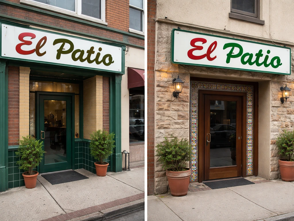Two neighboring street views showing different Mexican restaurant entrance signs labeled “El Patio” in different cities.