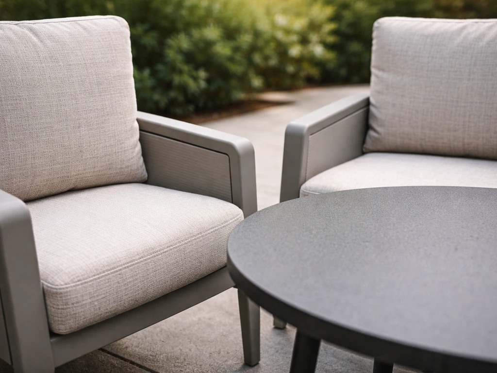 Close-up of patio table with cushioned chairs and spaced seating, showing comfort and room for conversation.