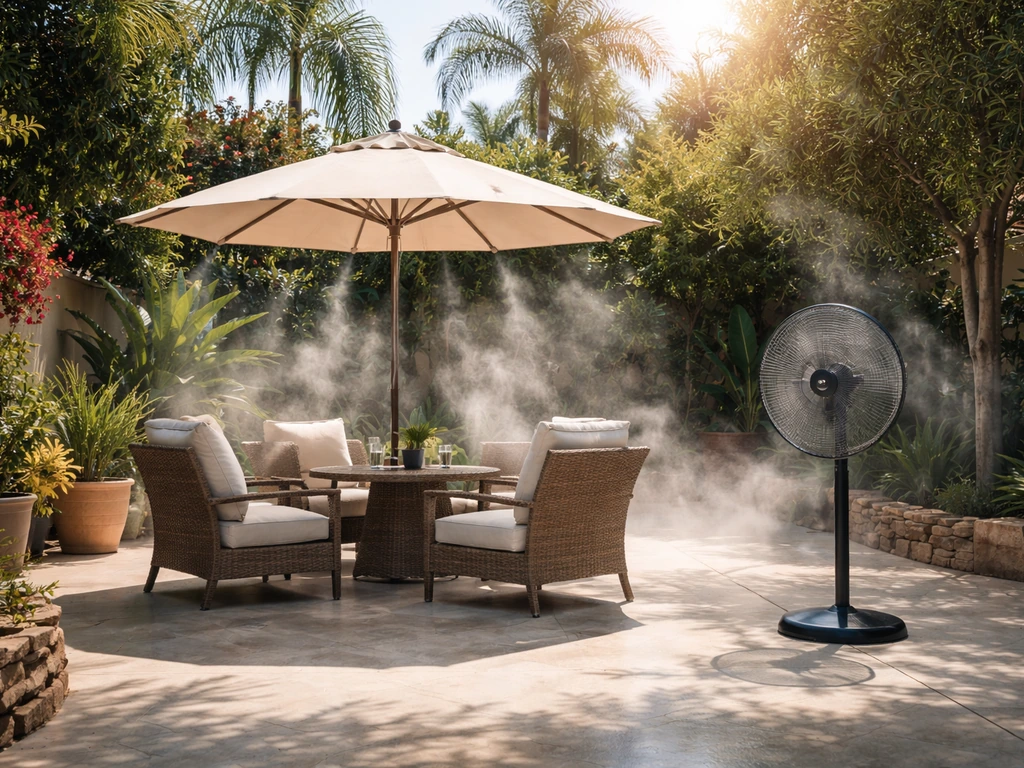 Misting sprayer and fan on a sunny patio with shade, showing a cool heat-management setup.