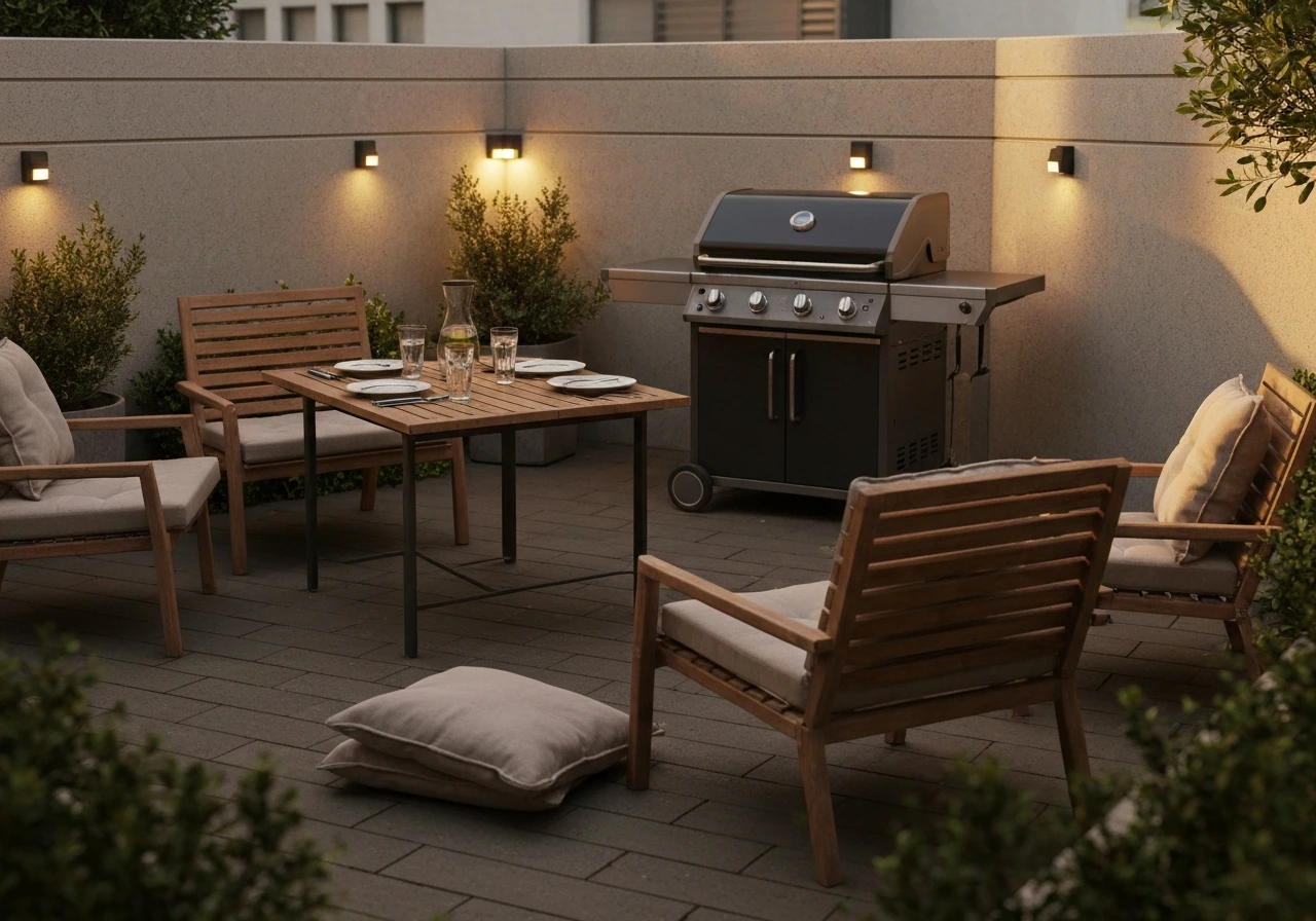Inviting backyard-style patio with cozy seating and a grill, set for a relaxed BBQ meal outdoors.