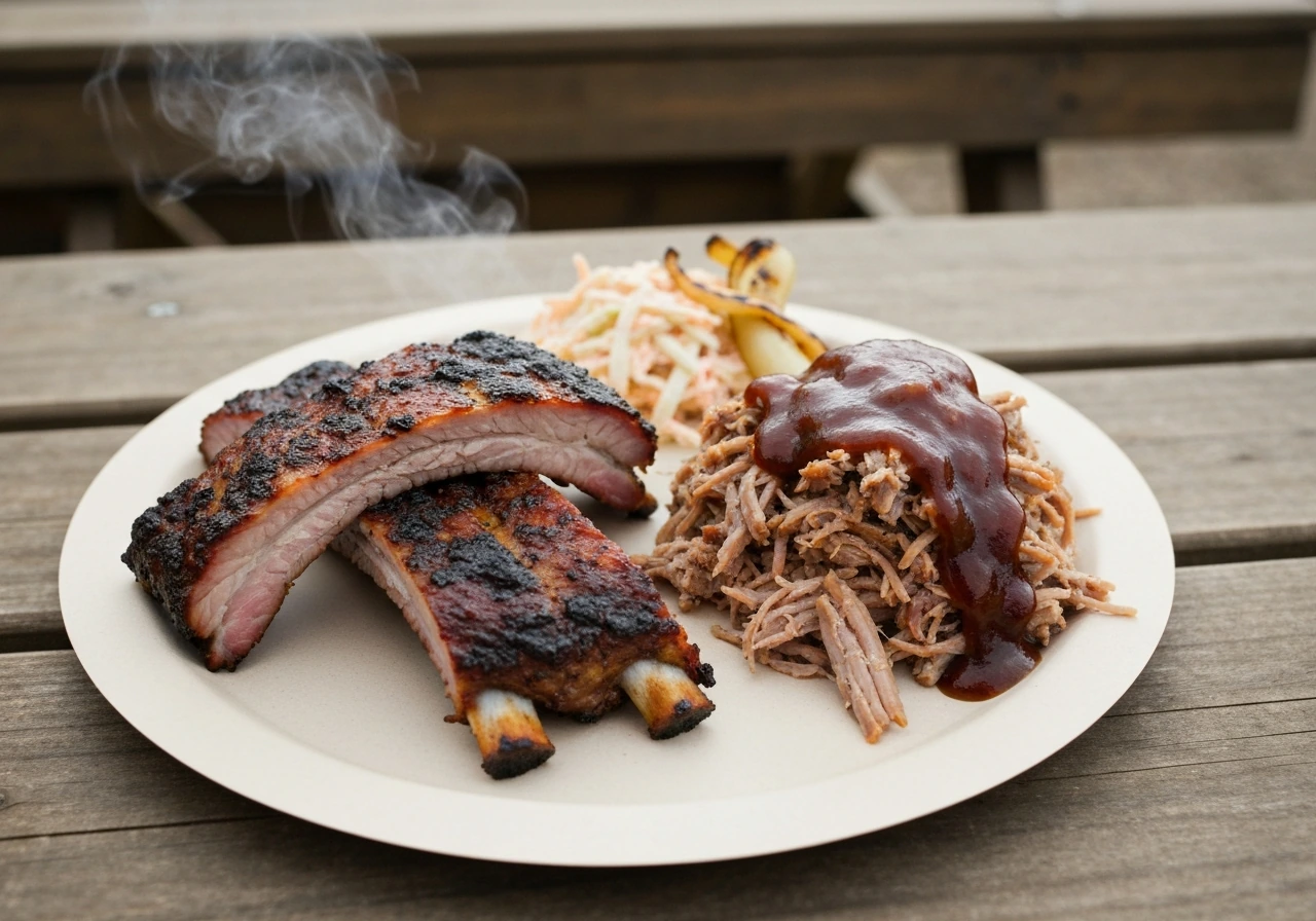 Close-up of smoked BBQ ribs and pulled pork on a rustic outdoor table.