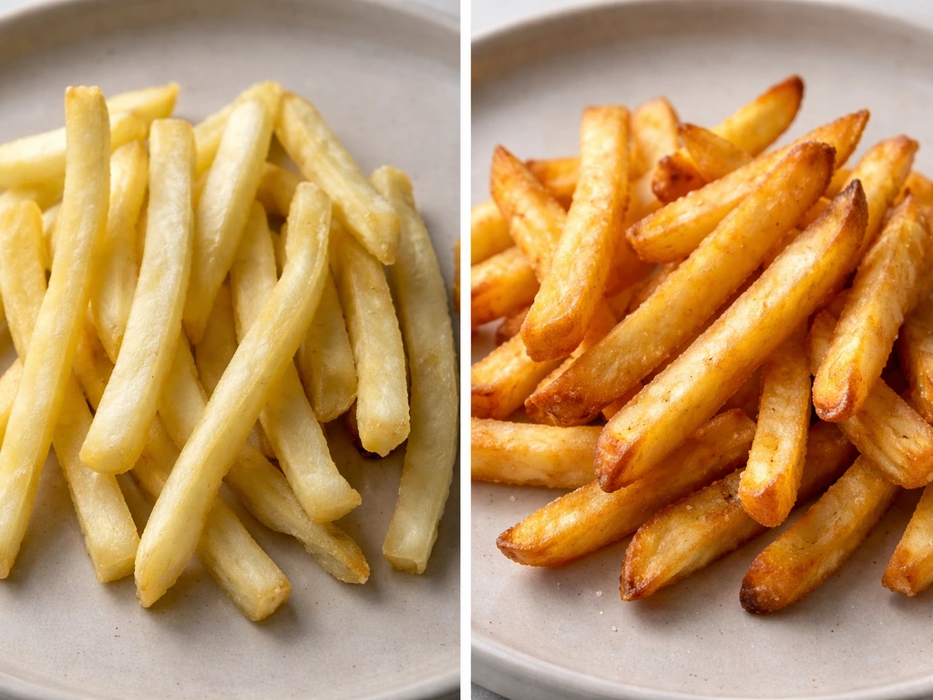 Side-by-side fries showing undercooked soft pale fries versus crisp golden-brown fries.