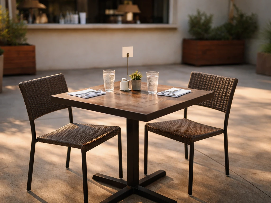 Relaxed outdoor patio seating setup with empty tables and chairs, suggesting a self-serve counter-order vibe.