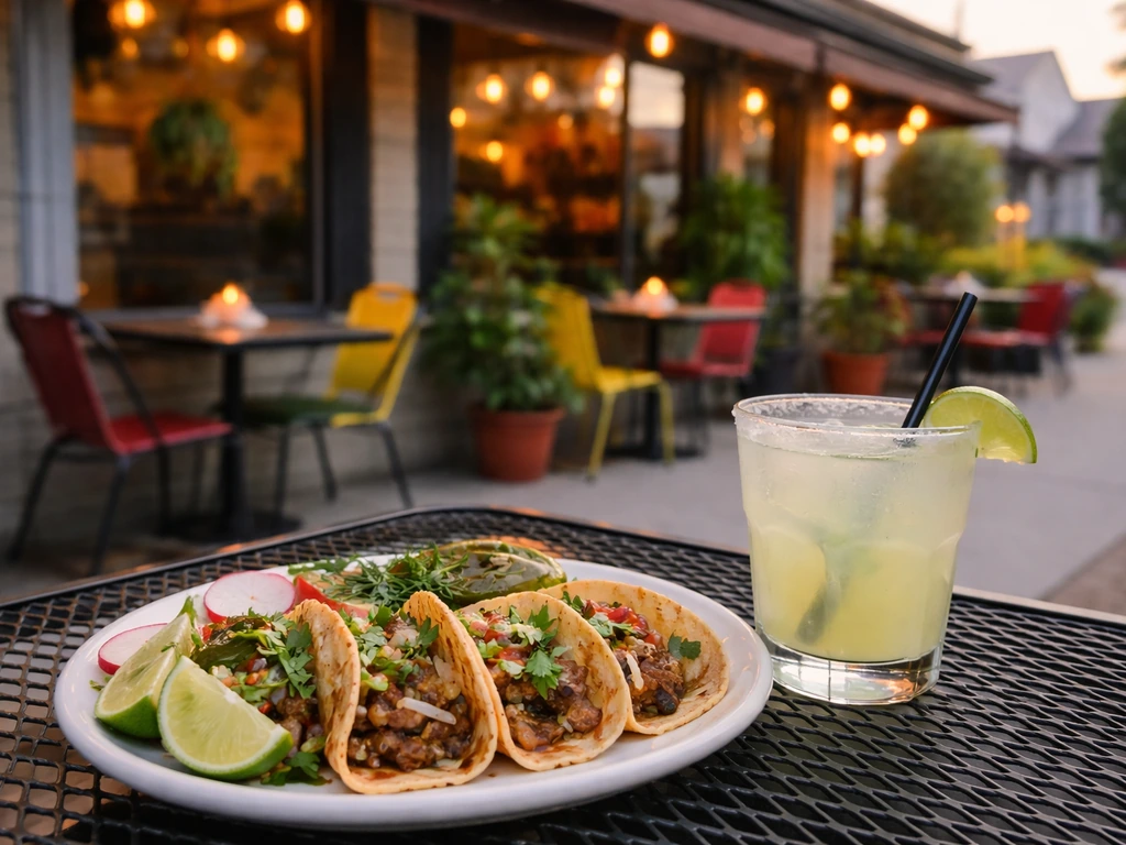 Tacos and margarita on an outdoor patio table in front of a small Mexican grill storefront.