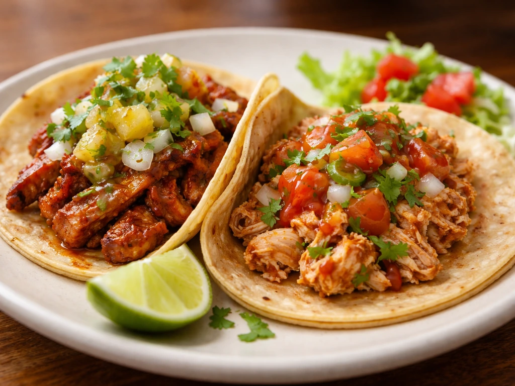 Close-up of al pastor and chicken tacos on plates with fresh salsa, cilantro, and lime