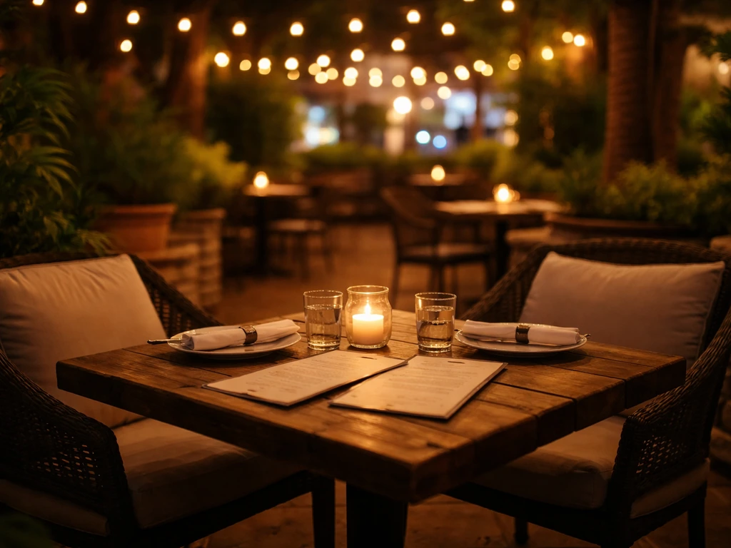 Warm outdoor patio dining with set tables and soft string lights, cozy evening atmosphere