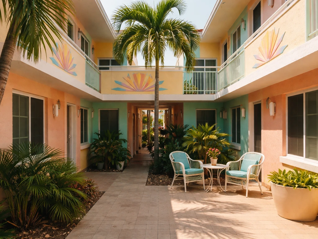 Vibrant Key West motel courtyard with Art Deco style, palm plants, and warm evening light