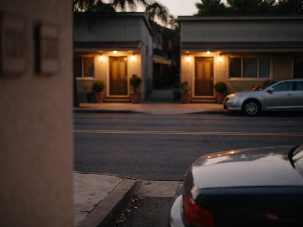 Street corner with two nearby motel entrances and address signs blurred to avoid readable text.